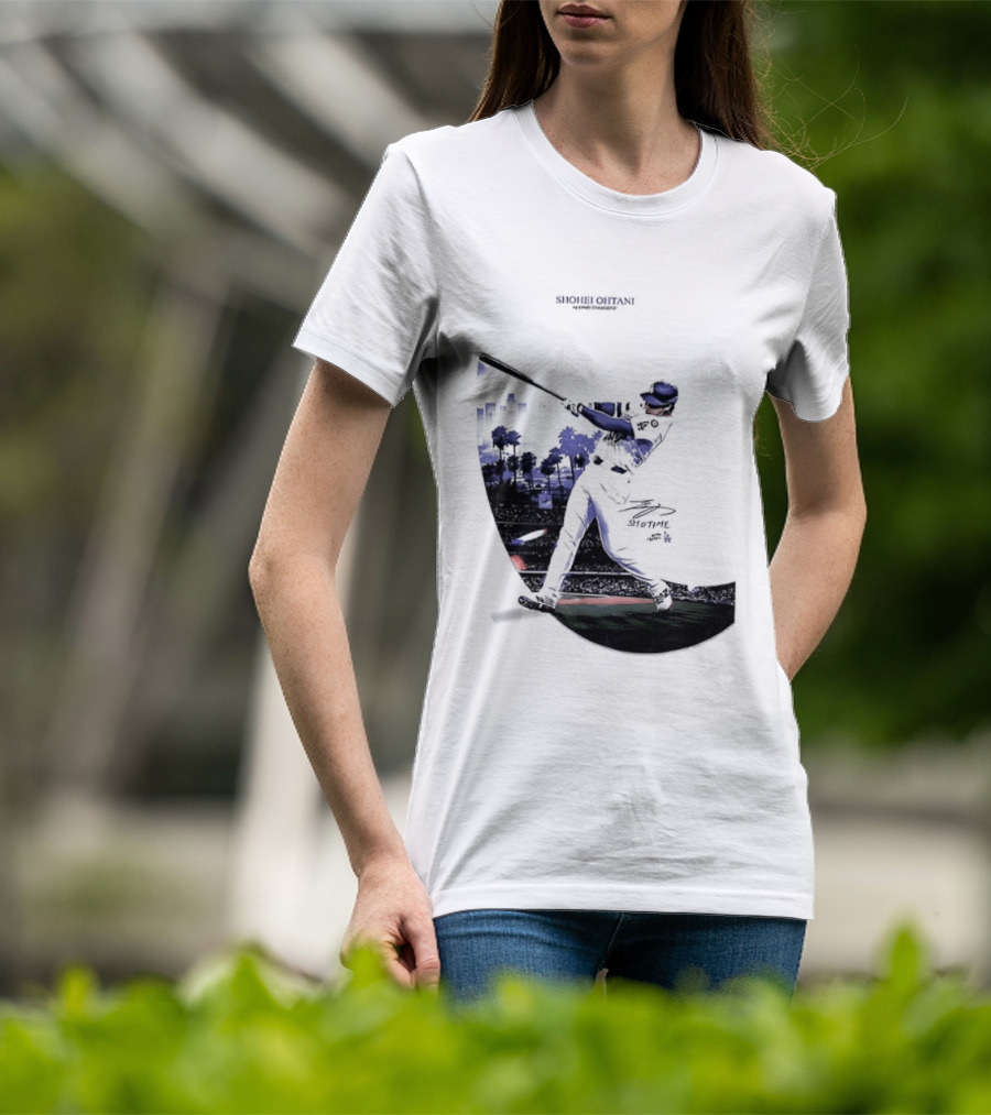Shohei Ohtani 17 Los Angeles Angels MLB Slugger Swing Two Sided T-Shirt