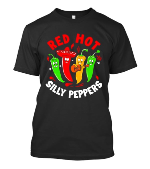 Red Hot Silly Peppers Band With Colorful Chili Cartoon Characters Playing Guitar T-Shirt