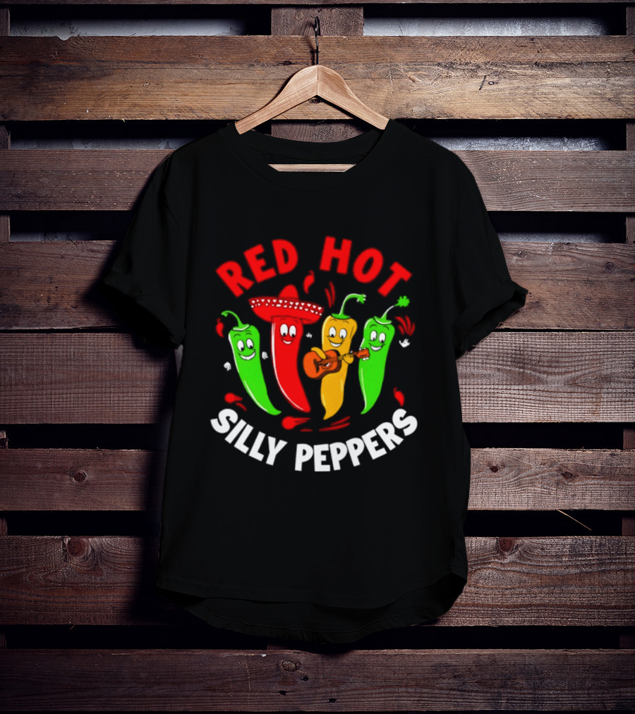 Red Hot Silly Peppers Band With Colorful Chili Cartoon Characters Playing Guitar T-Shirt