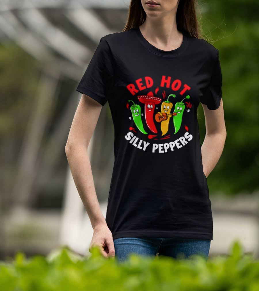 Red Hot Silly Peppers Band With Colorful Chili Cartoon Characters Playing Guitar T-Shirt