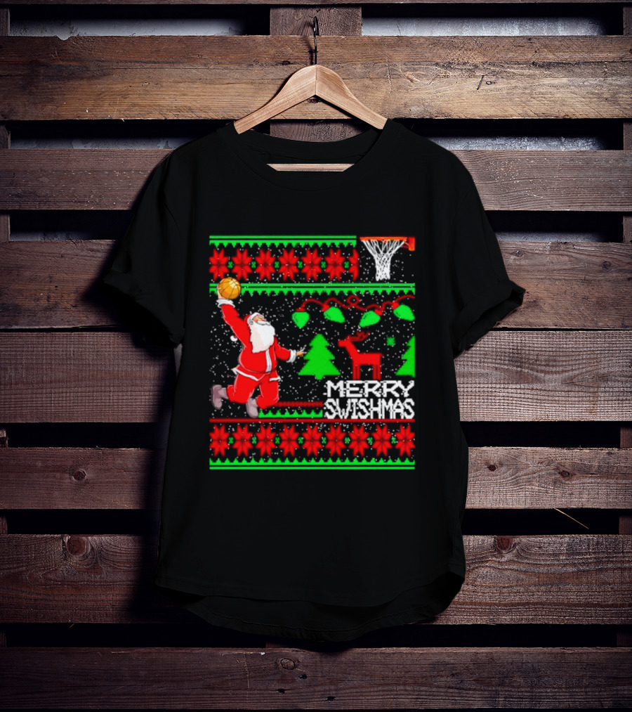 Santa Claus Dunking Basketball Ugly Christmas Sweater Merry Swishmas T-Shirt
