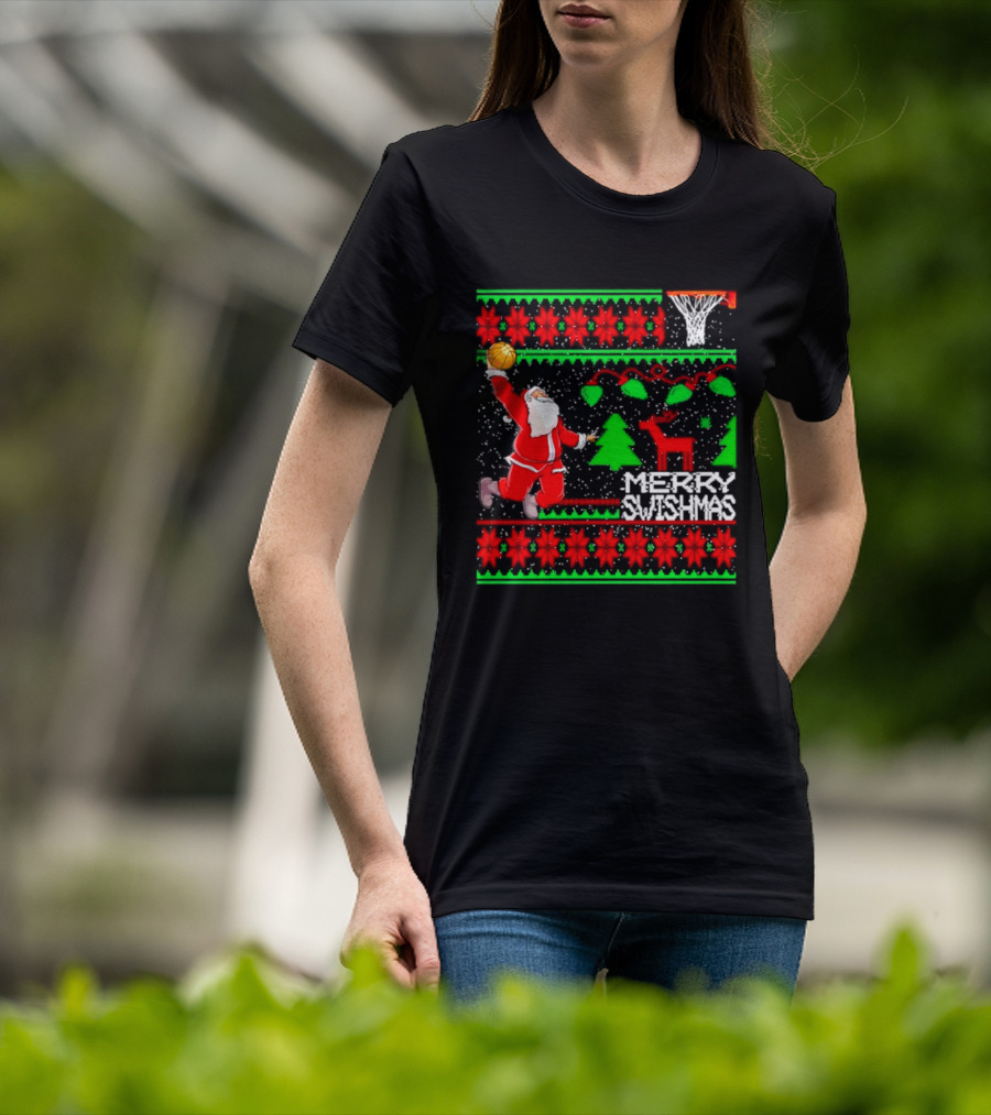 Santa Claus Dunking Basketball Ugly Christmas Sweater Merry Swishmas T-Shirt