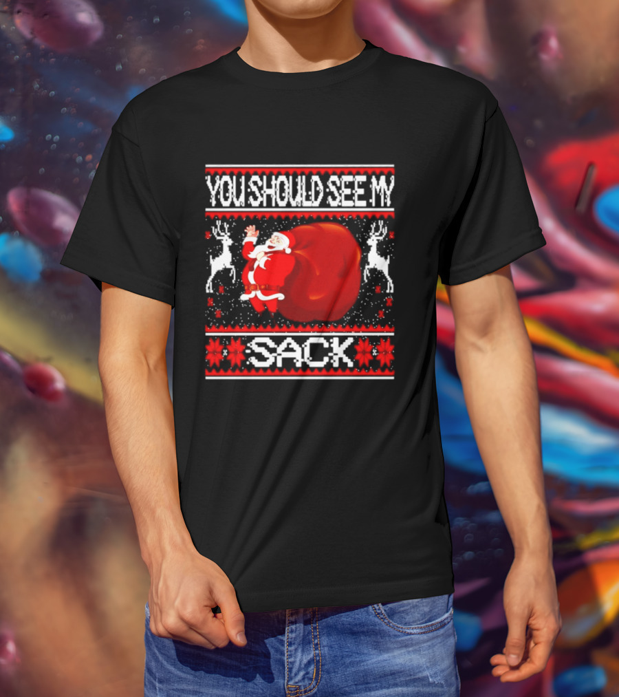 You Should See My Sack Santa Claus Ugly Christmas Reindeer Snowflakes T-Shirt