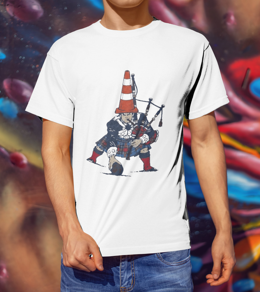 Bagpipes Player With Traffic Cone Hat Scottish Kilt Outfit T-Shirt