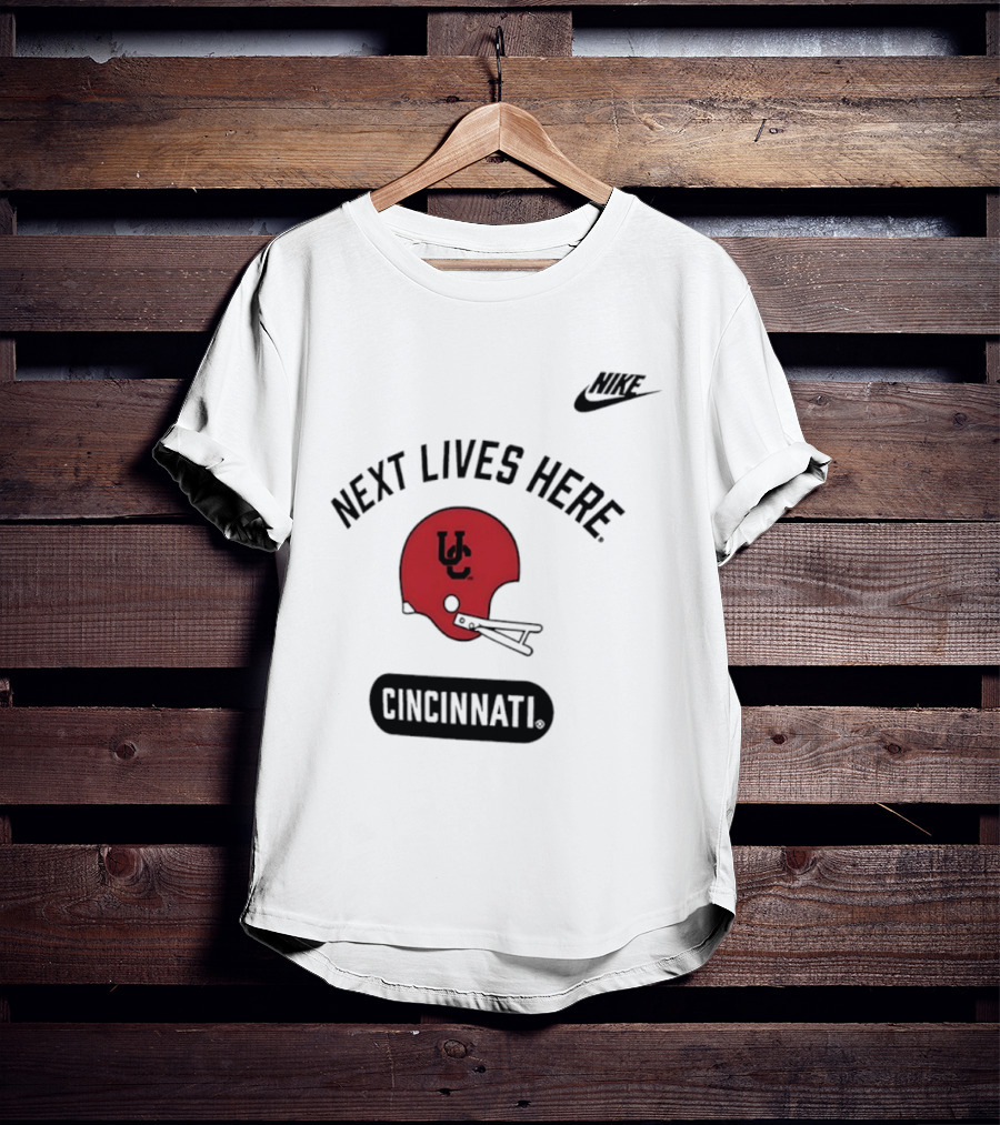 Next Lives Here Cincinnati UC Football Helmet Nike T-Shirt