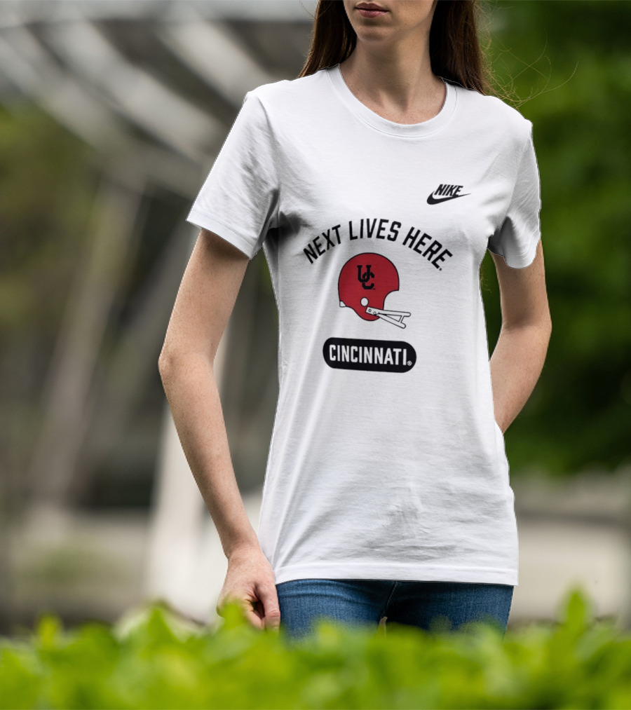 Next Lives Here Cincinnati UC Football Helmet Nike T-Shirt