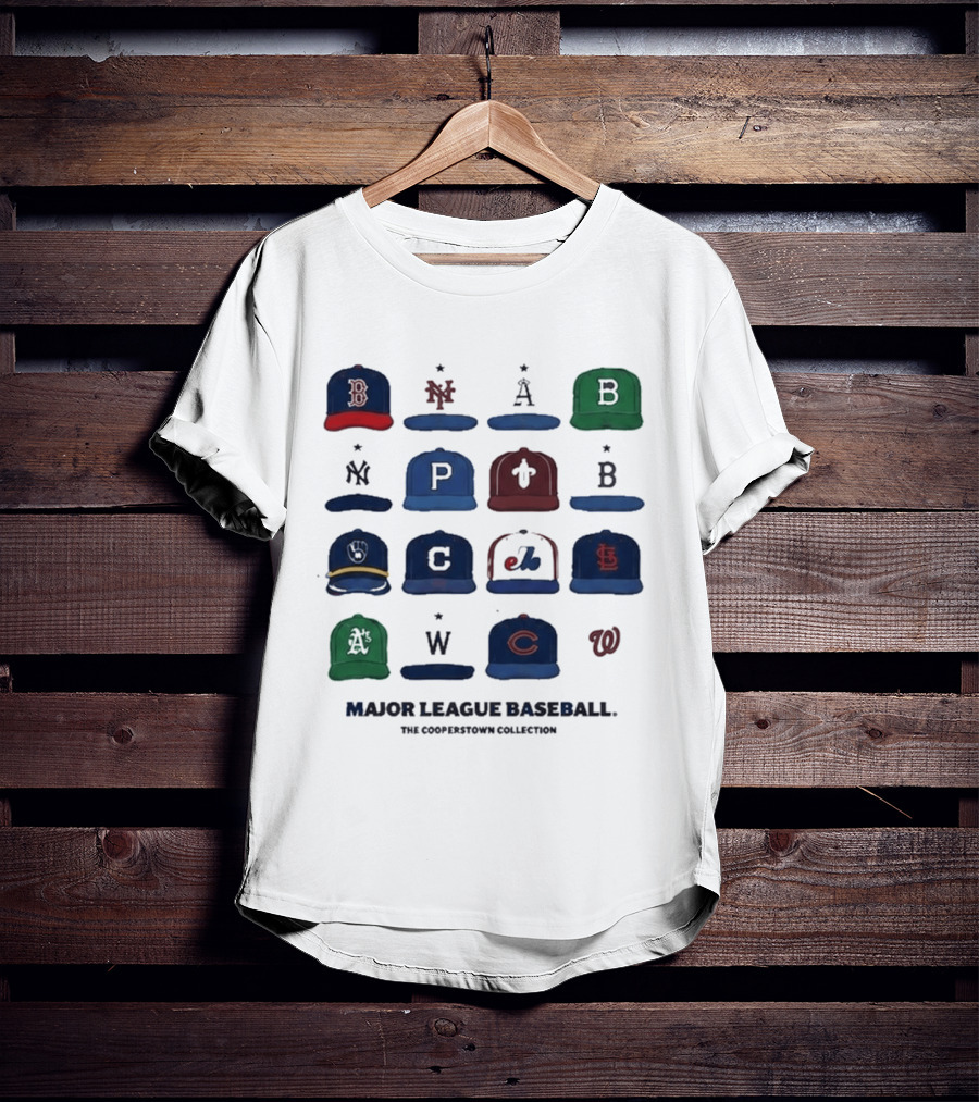 Major League Baseball Cooperstown Collection Cap Collage Featuring Historic Team Logos T-Shirt