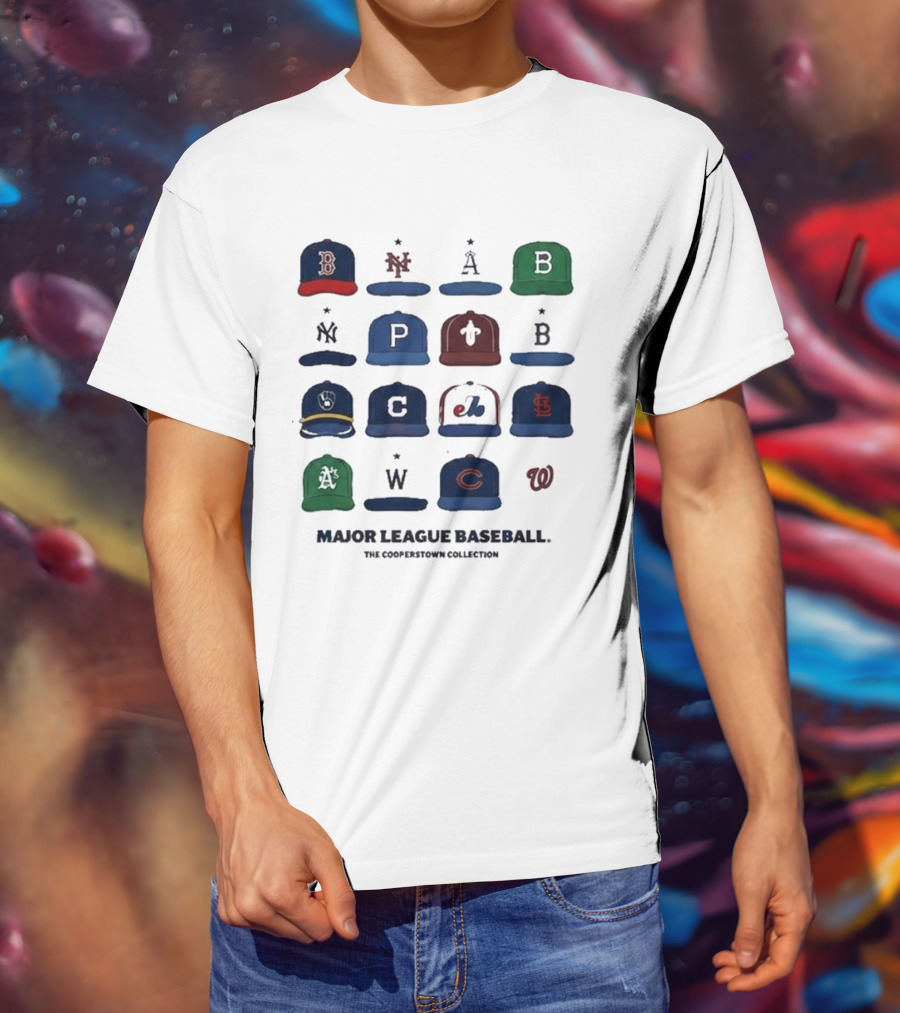 Major League Baseball Cooperstown Collection Cap Collage Featuring Historic Team Logos T-Shirt