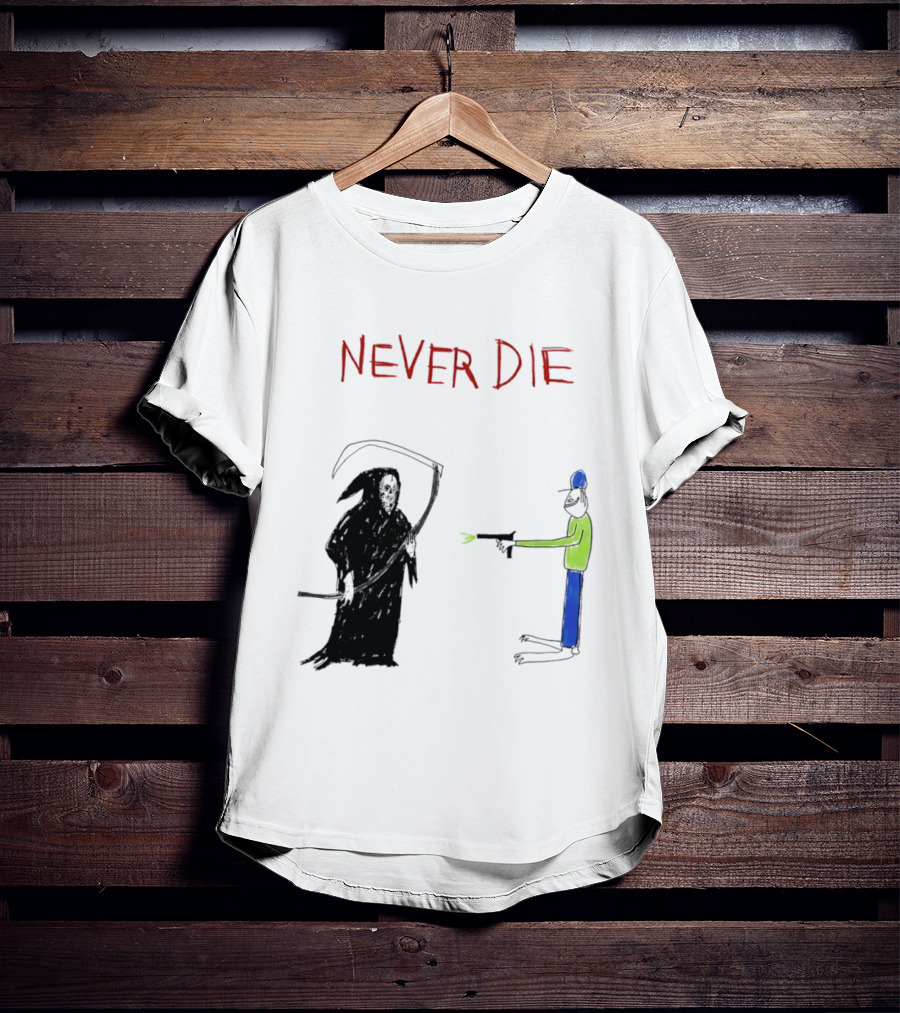 Never Die Grim Reaper Confronts Armed Man Drawing T-Shirt