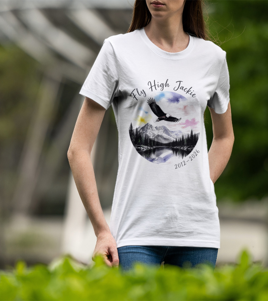 Fly High Jackie 2012 2026 Eagle Mountain Lake Memorial With Soaring Eagle And Scenic Sunset T-Shirt