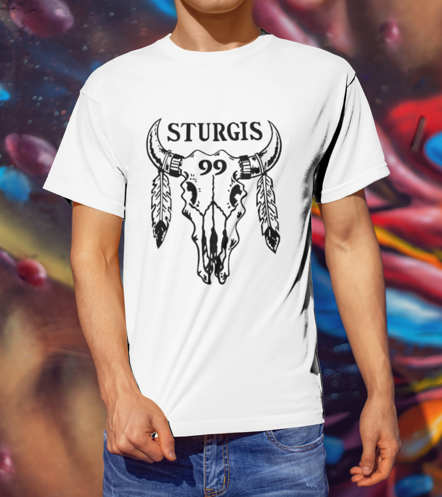Sturgis 99 Bull Skull Western Biker Feathers T-Shirt