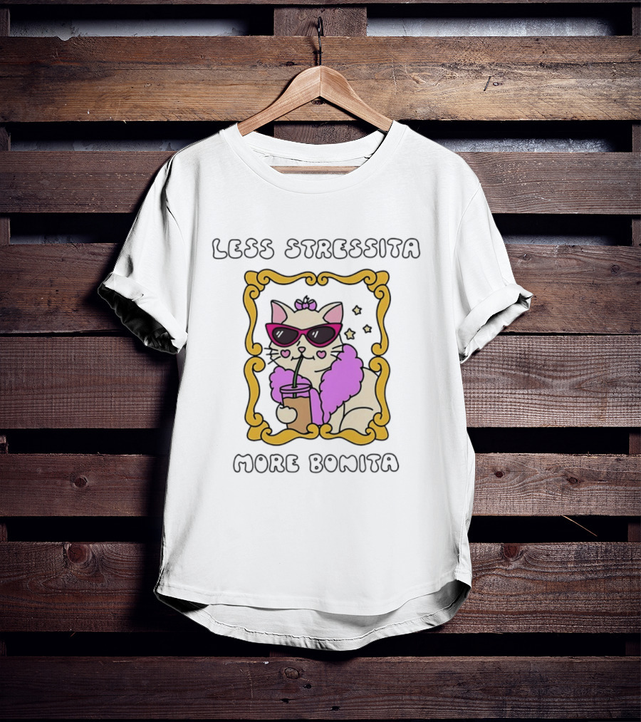 Less Stressita More Bonita Cat With Sunglasses And Drink Framed In Yellow Border T-Shirt