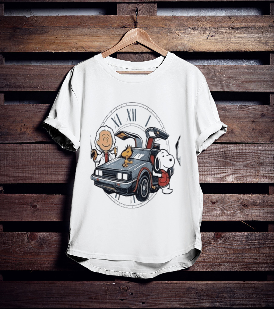 Peanuts Characters With DeLorean Time Machine And T-Shirt
