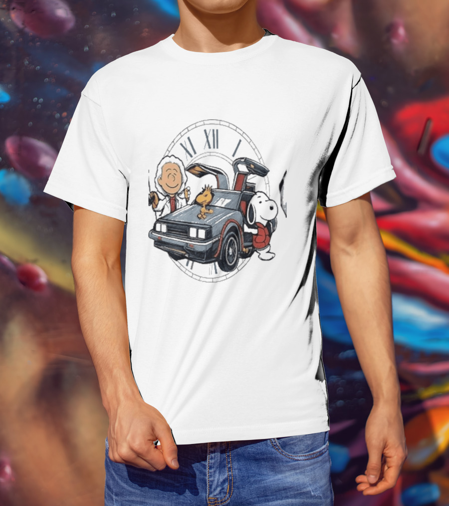 Peanuts Characters With DeLorean Time Machine And T-Shirt