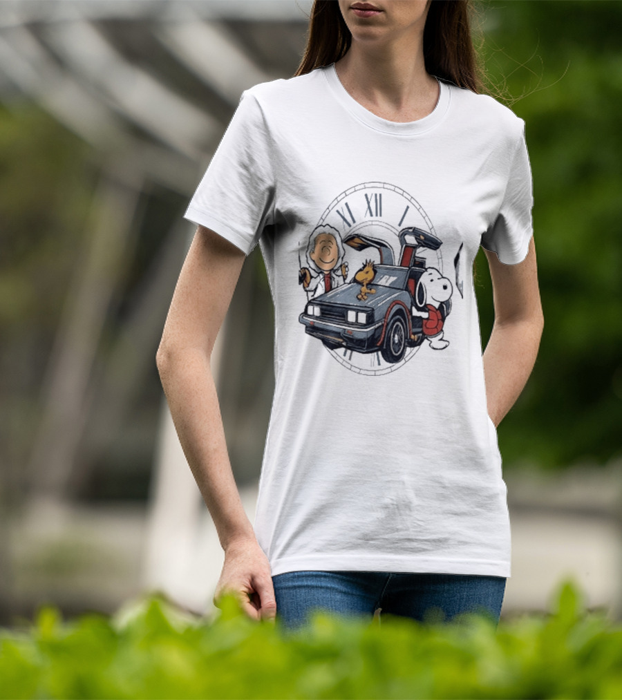 Peanuts Characters With DeLorean Time Machine And T-Shirt
