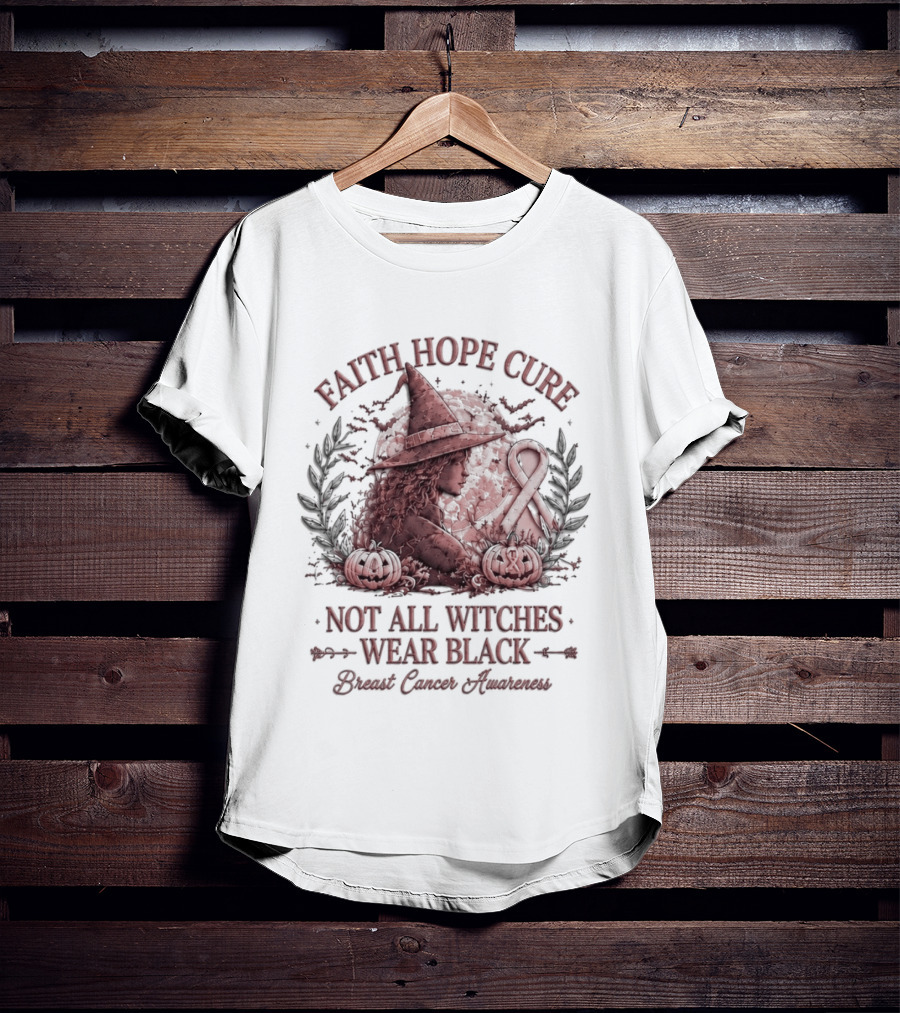 Faith Hope Cure Not All Witches Wear Black Breast Cancer Awareness Pumpkin Hat T-Shirt