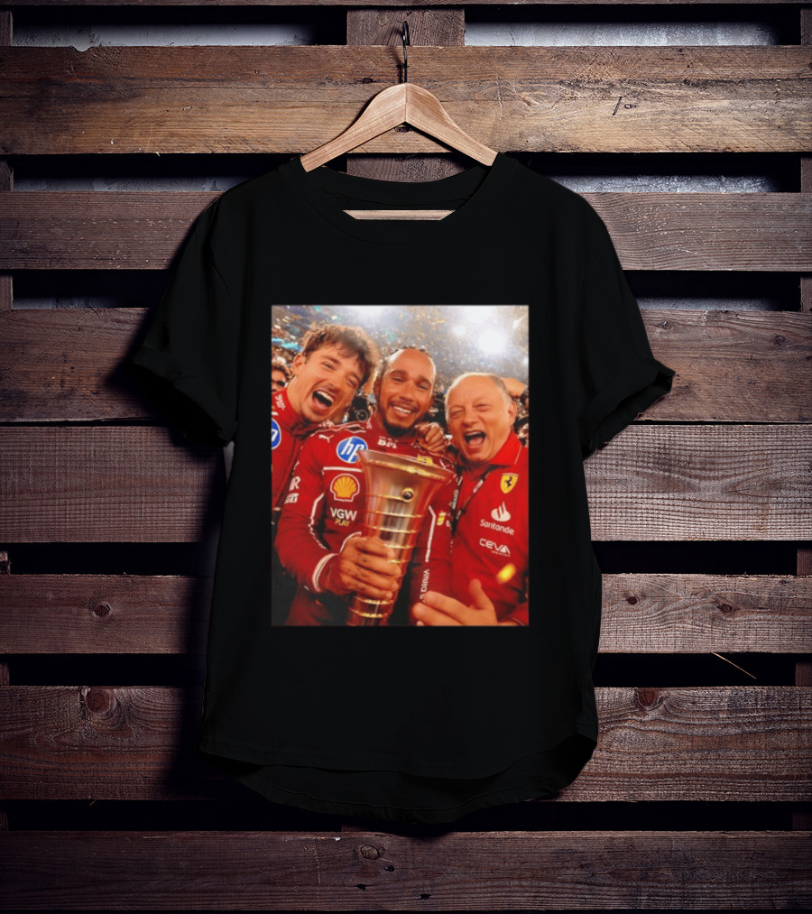 Charles Leclerc Lewis Hamilton Frederic Vasseur Ferrari Victory Celebration Trophy BP Shell Santander CEVA Racing T-Shirt