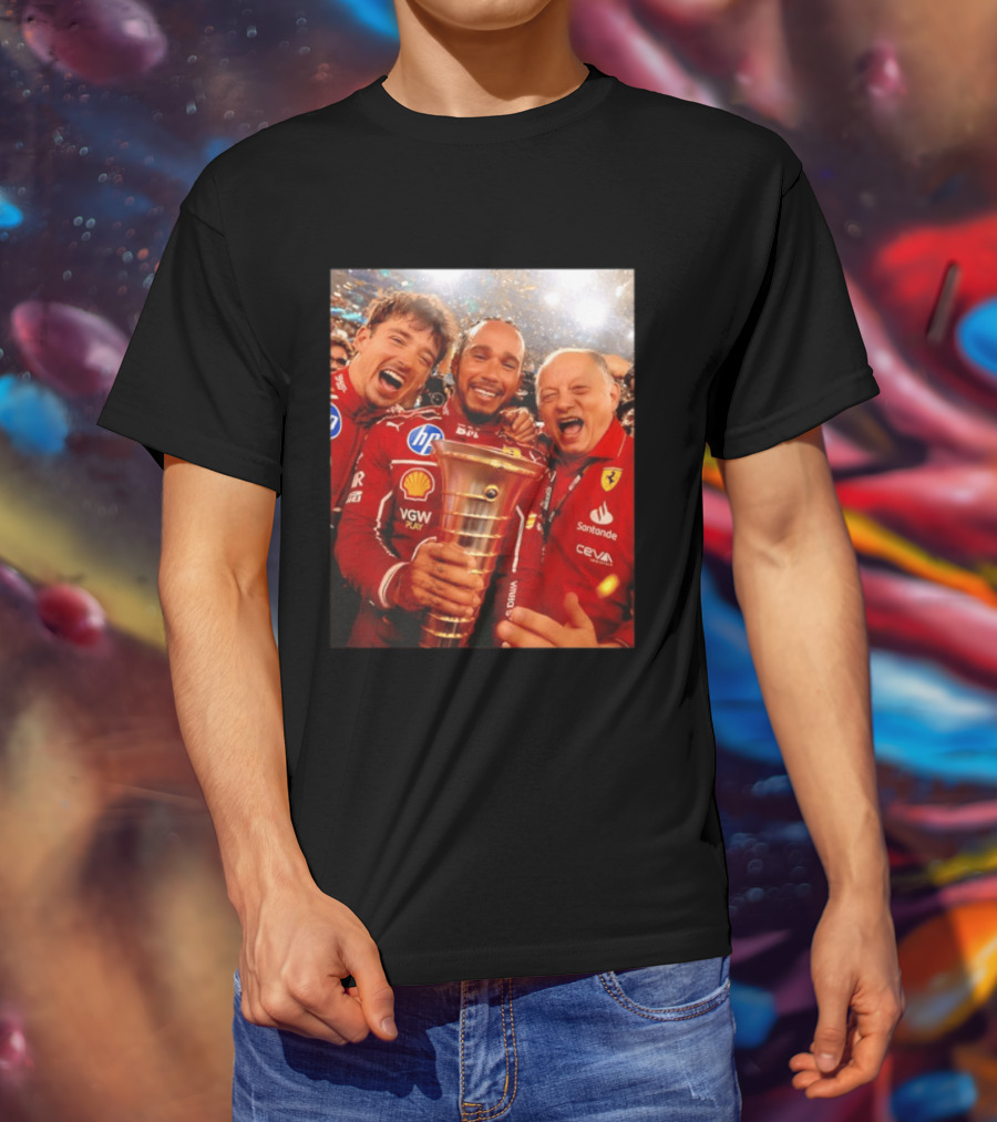 Charles Leclerc Lewis Hamilton Frederic Vasseur Ferrari Victory Celebration Trophy BP Shell Santander CEVA Racing T-Shirt