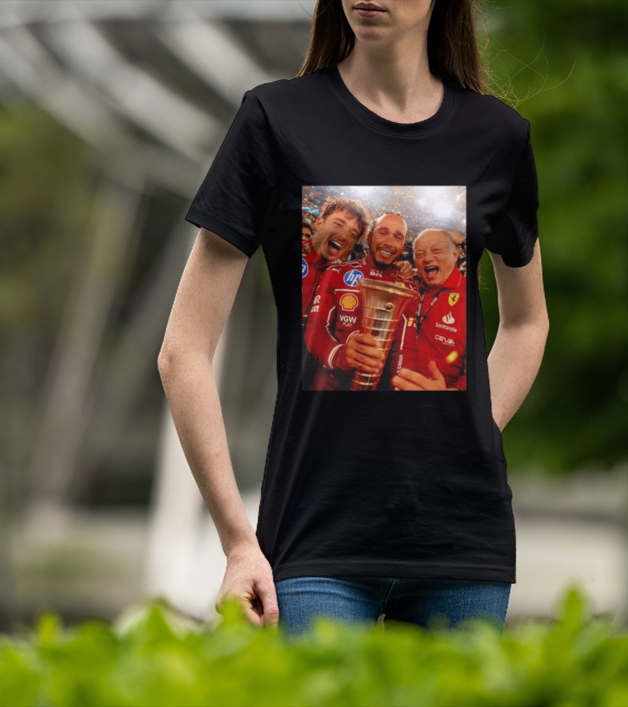 Charles Leclerc Lewis Hamilton Frederic Vasseur Ferrari Victory Celebration Trophy BP Shell Santander CEVA Racing T-Shirt