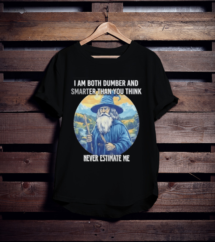 I Am Both Dumber And Smarter Than You Think Never Estimate Me Wizard Blue Robe And Hat Mountain T-Shirt