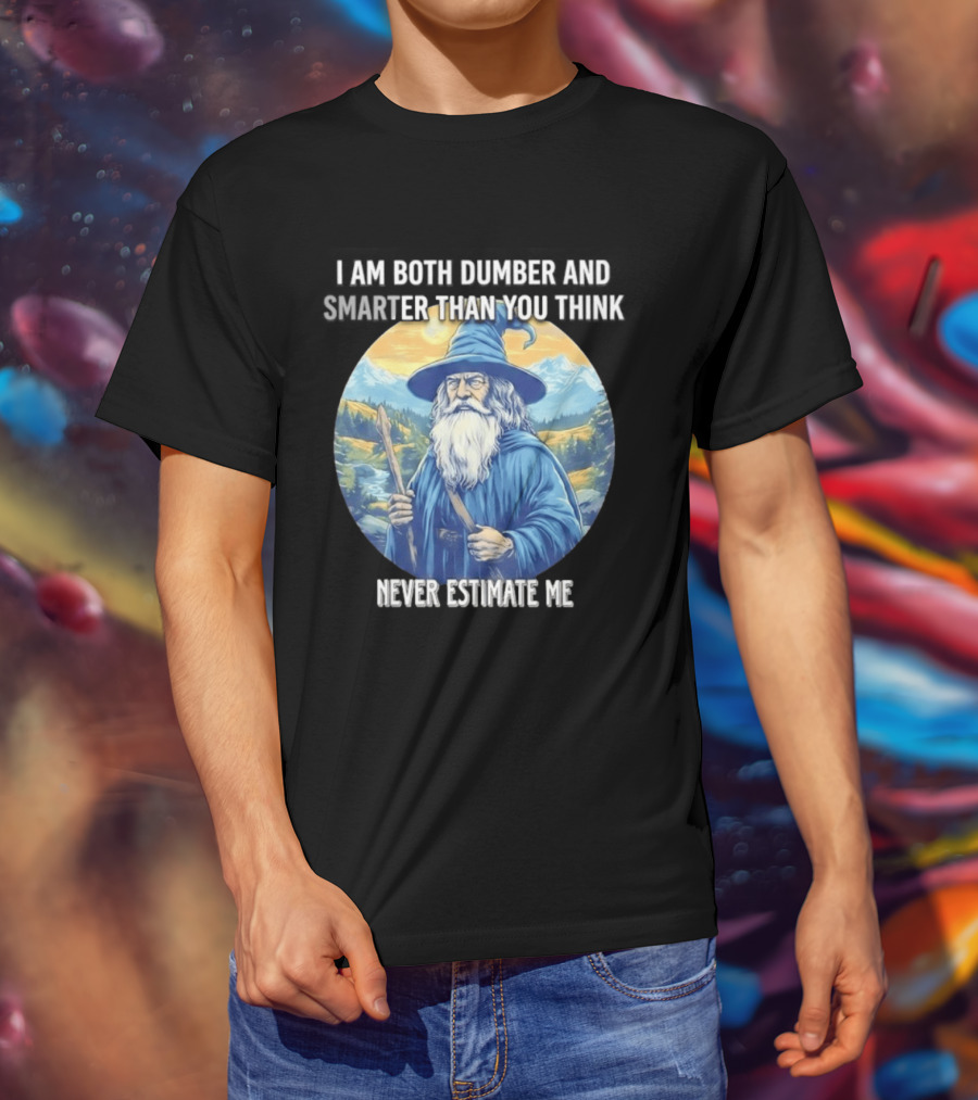 I Am Both Dumber And Smarter Than You Think Never Estimate Me Wizard Blue Robe And Hat Mountain T-Shirt