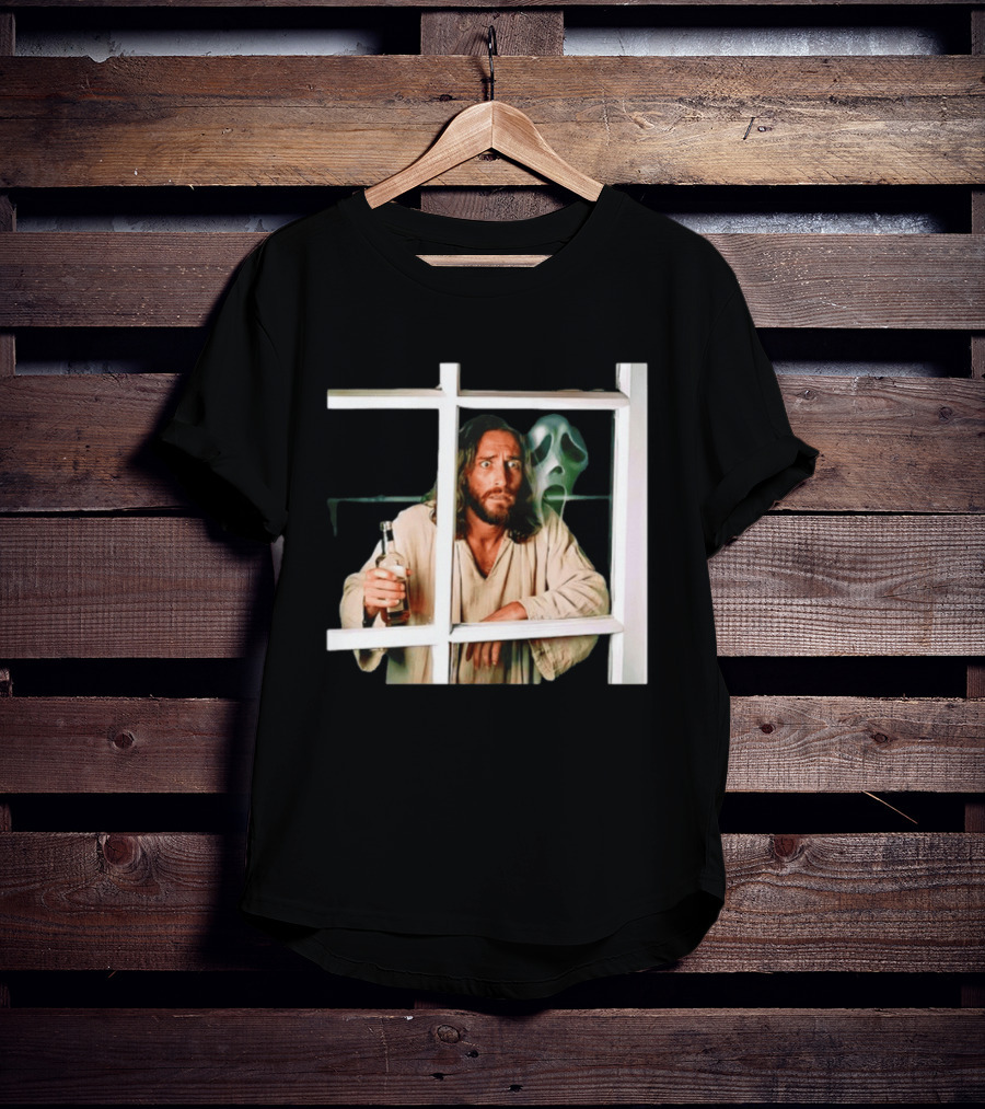 Jesus Drinking Whiskey With Ghostface Killer Behind Window T-Shirt