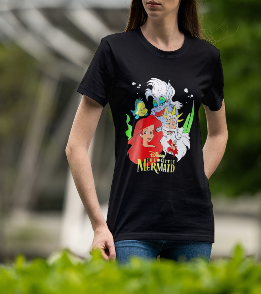 Disney The Little Mermaid Ariel Ursula King Triton Flounder Characters T-Shirt
