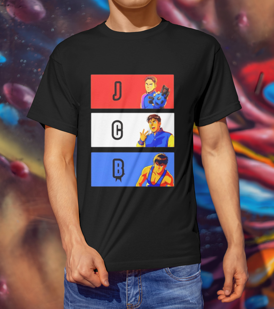JCB Anime Characters Red White Blue Panels T-Shirt