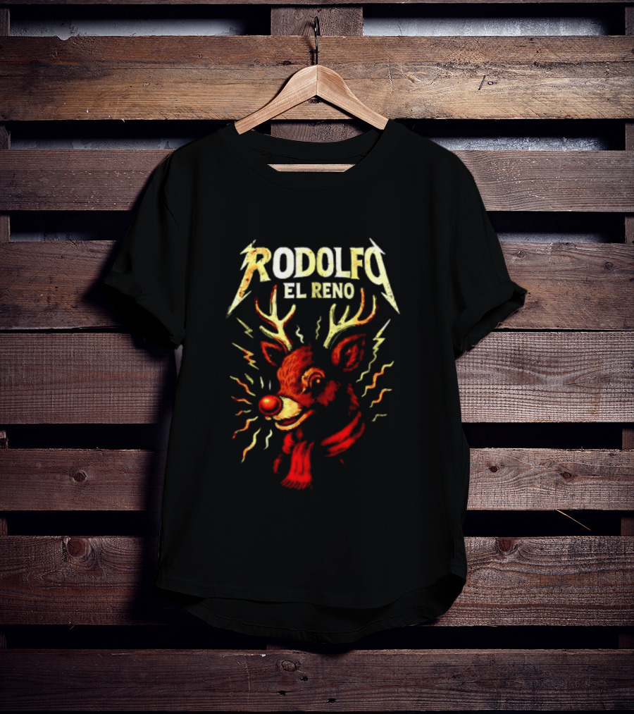 Rodolfo El Reno Heavy Metal Reindeer Christmas Lightning Antlers T-Shirt