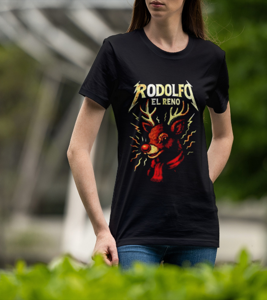 Rodolfo El Reno Heavy Metal Reindeer Christmas Lightning Antlers T-Shirt