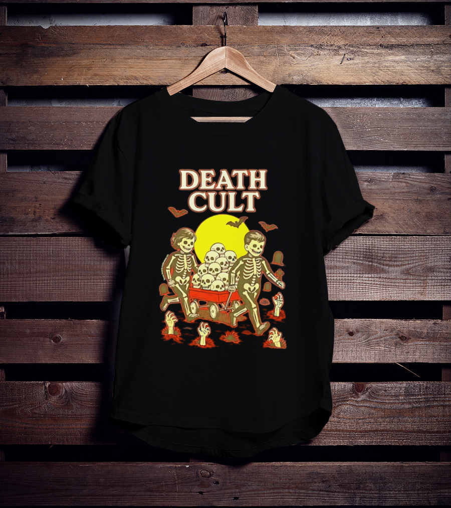 Death Cult Skeleton Kids Hauling Skull Filled Wagon With Rising Hands And Bats T-Shirt