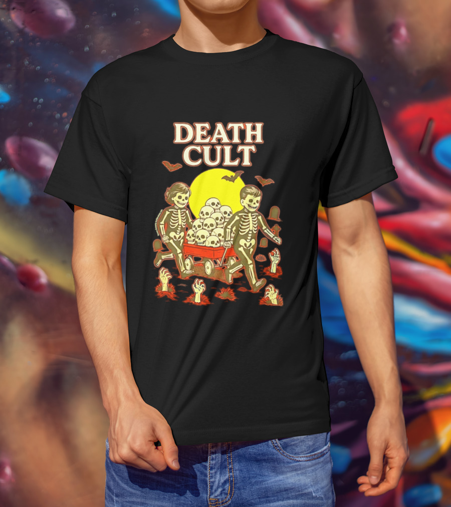 Death Cult Skeleton Kids Hauling Skull Filled Wagon With Rising Hands And Bats T-Shirt