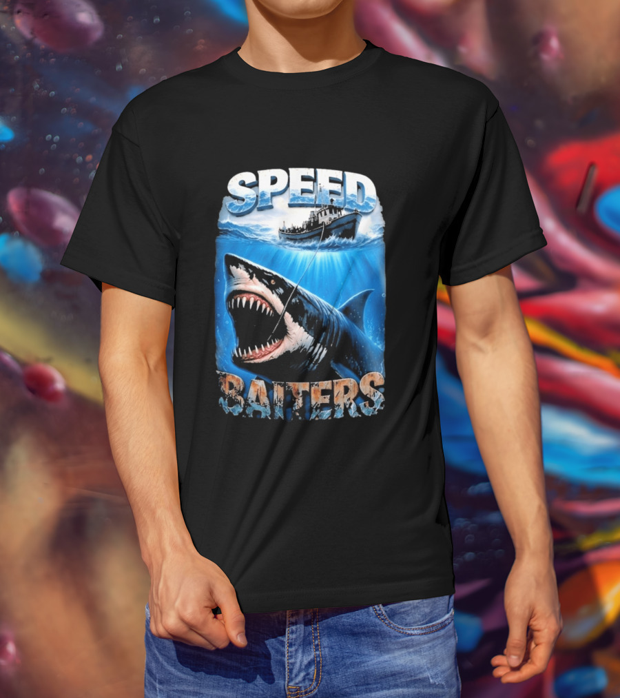 Speed Baiters Shark With Boat And Ocean T-Shirt
