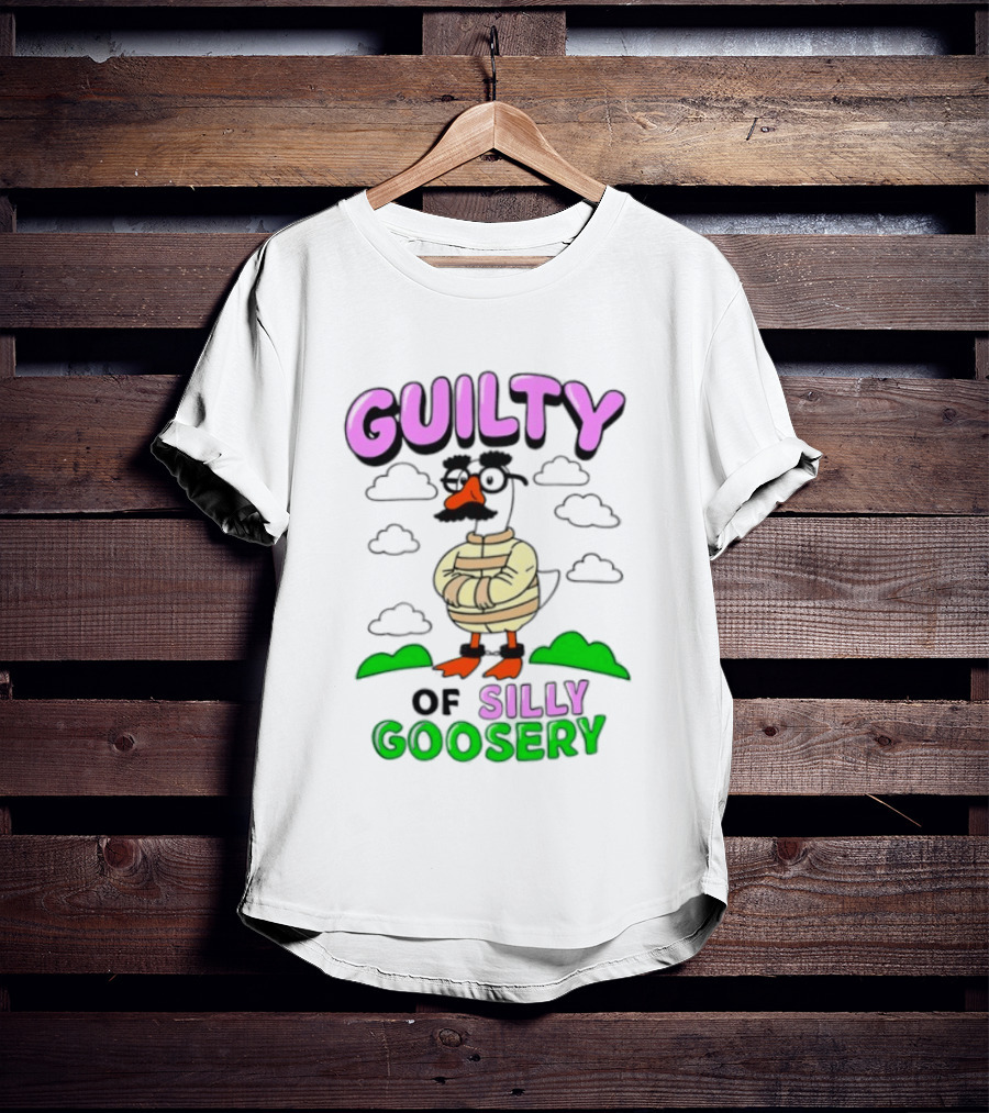 Guilty Of Silly Goosery Cartoon Goose In Striped Suit T-Shirt