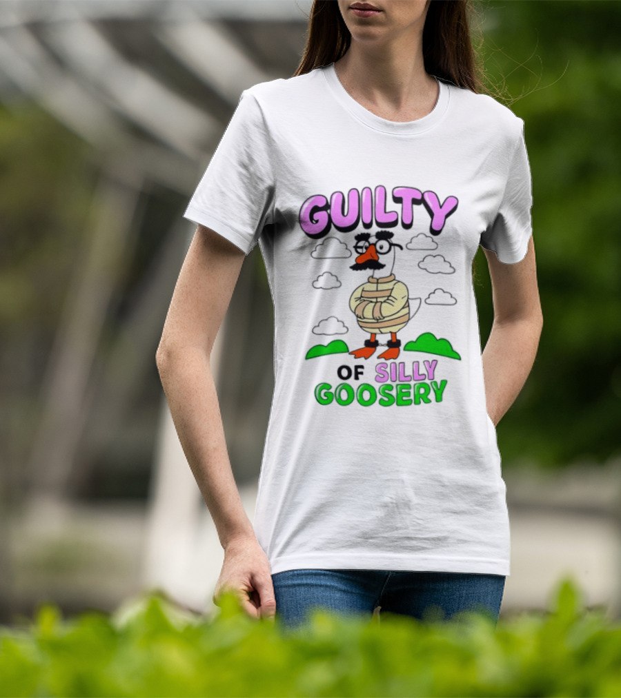 Guilty Of Silly Goosery Cartoon Goose In Striped Suit T-Shirt