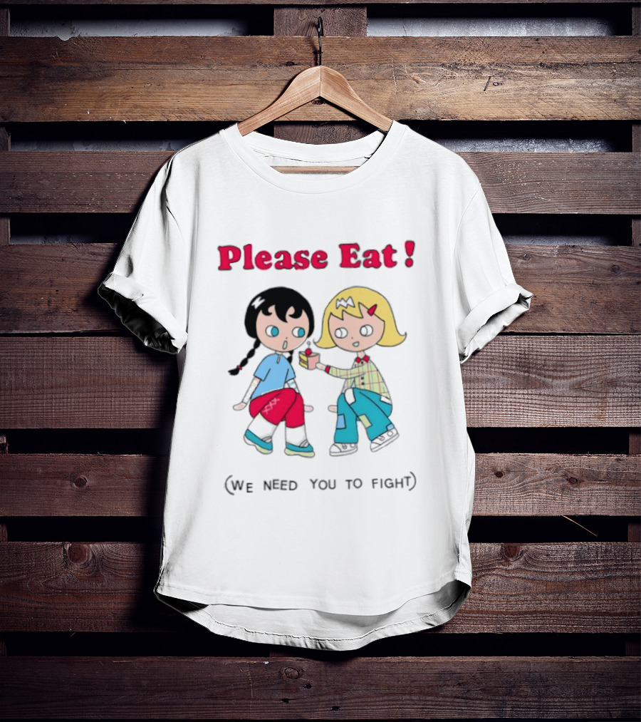 Please Eat We Need You To Fight Vintage Anime Style Cartoon Characters Sharing Food T-Shirt