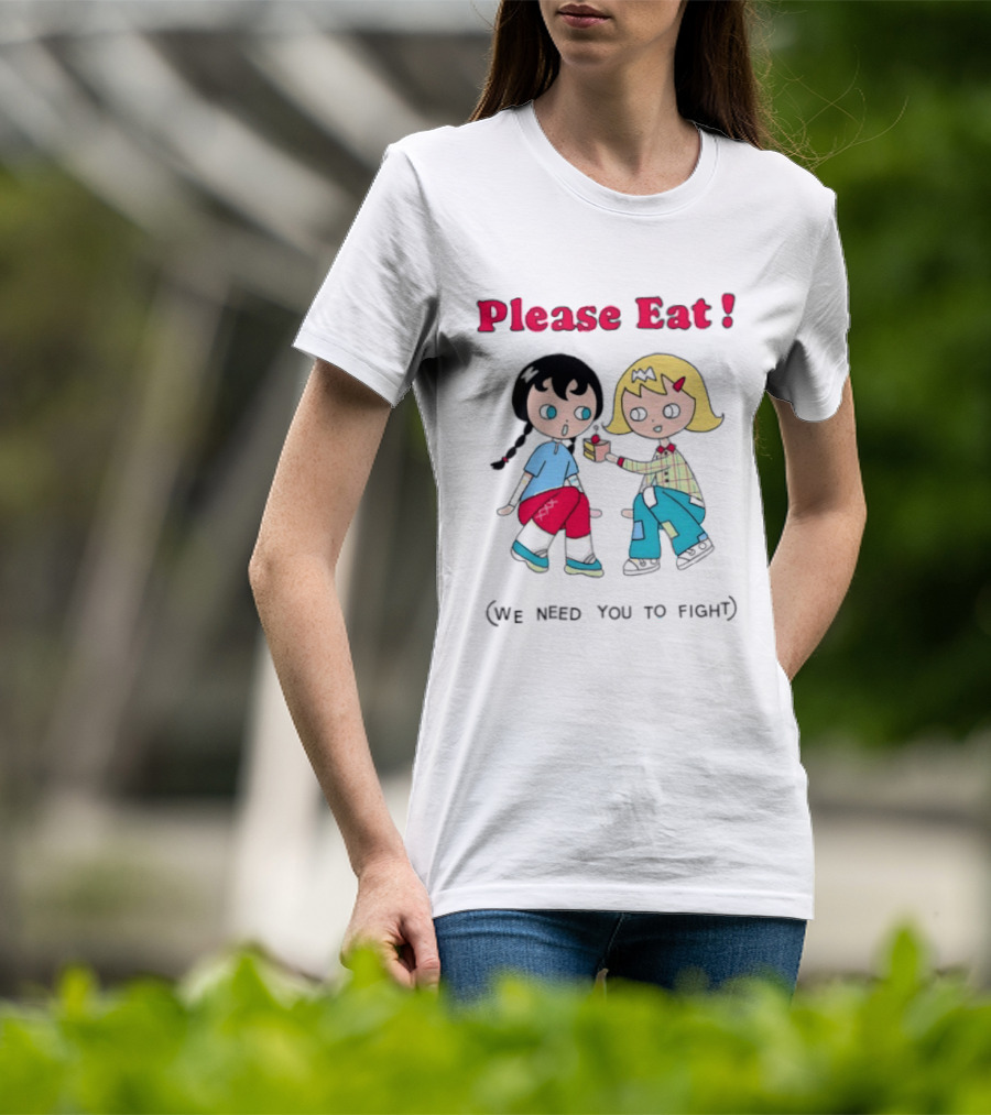 Please Eat We Need You To Fight Vintage Anime Style Cartoon Characters Sharing Food T-Shirt