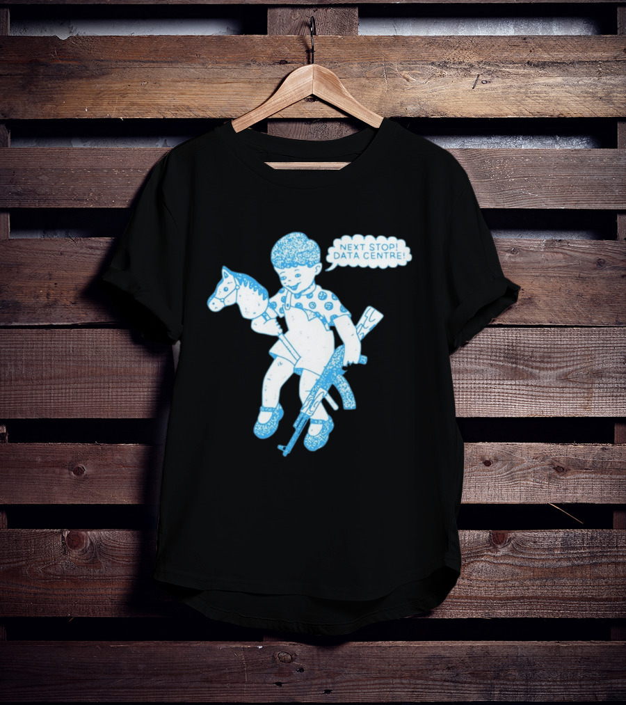 Next Stop Data Centre Kid With Hobby Horse And Toy Rifle Tech Humor T-Shirt
