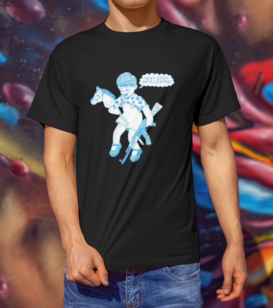 Next Stop Data Centre Kid With Hobby Horse And Toy Rifle Tech Humor T-Shirt