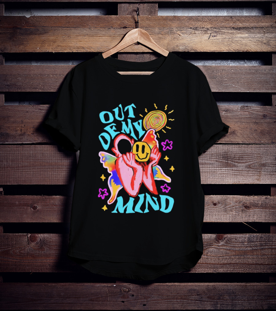 Out Of My Mind Smiley Face Butterfly Psychedelic Sunburst Fantasy Flowers T-Shirt
