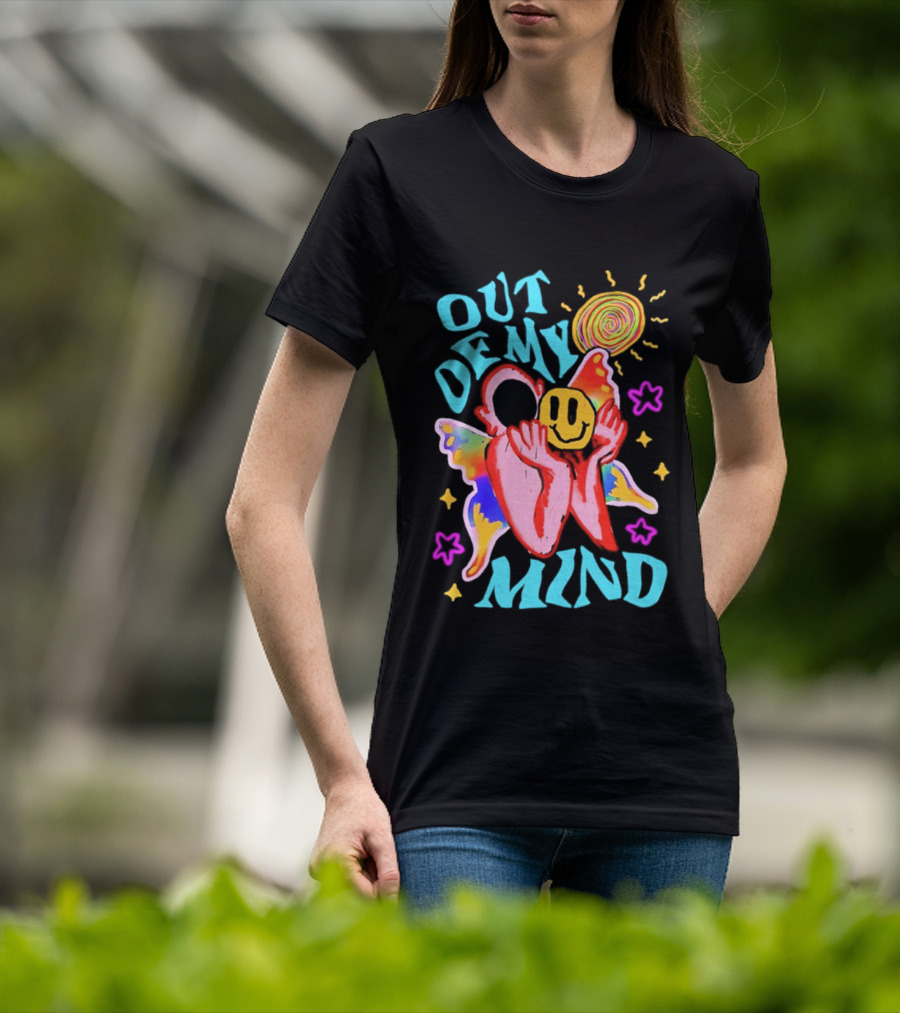 Out Of My Mind Smiley Face Butterfly Psychedelic Sunburst Fantasy Flowers T-Shirt