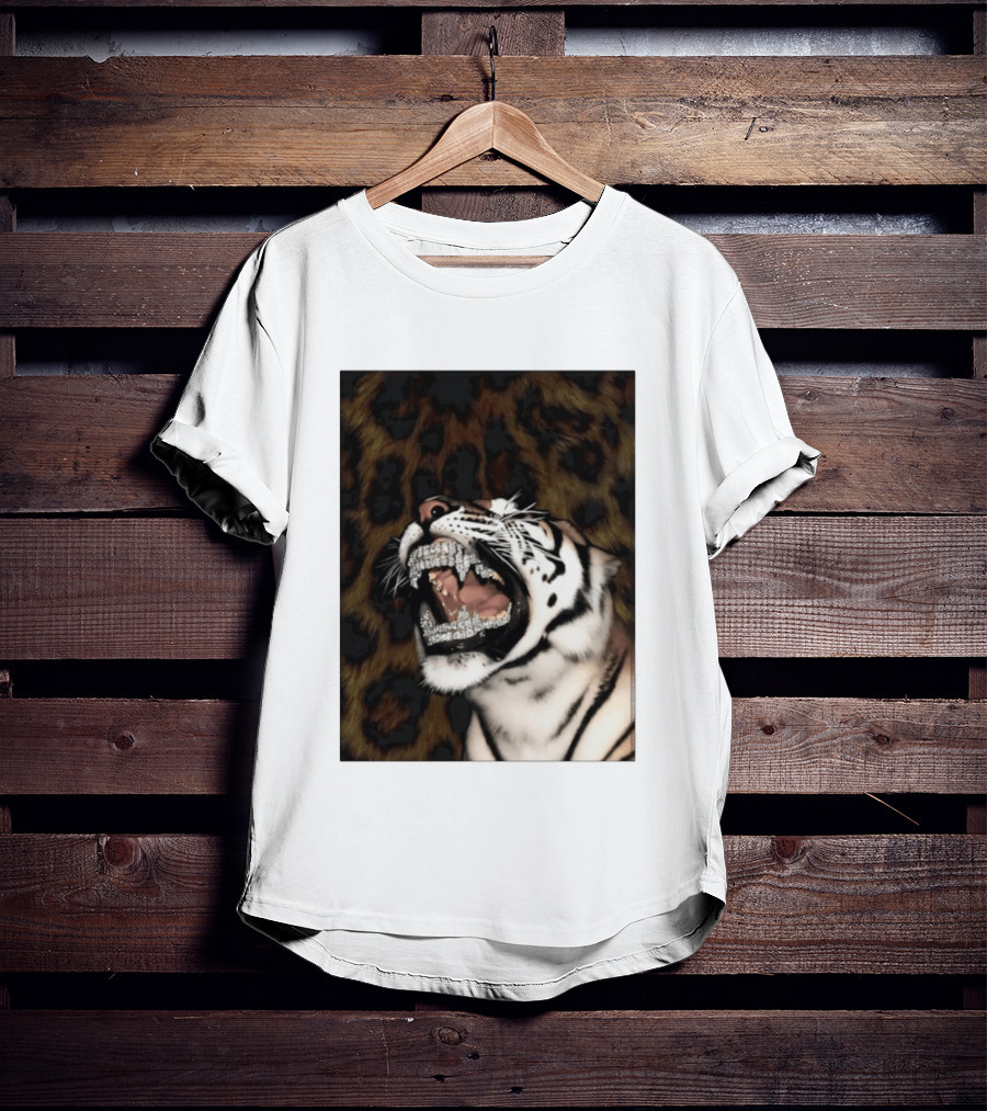 Tiger Diamond Grillz Iced Out Animal Roaring With Leopard Print T-Shirt