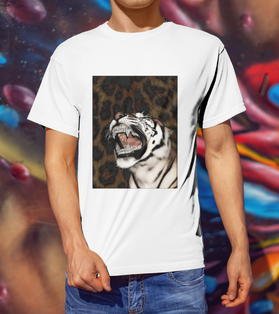 Tiger Diamond Grillz Iced Out Animal Roaring With Leopard Print T-Shirt