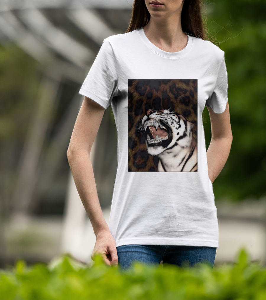 Tiger Diamond Grillz Iced Out Animal Roaring With Leopard Print T-Shirt