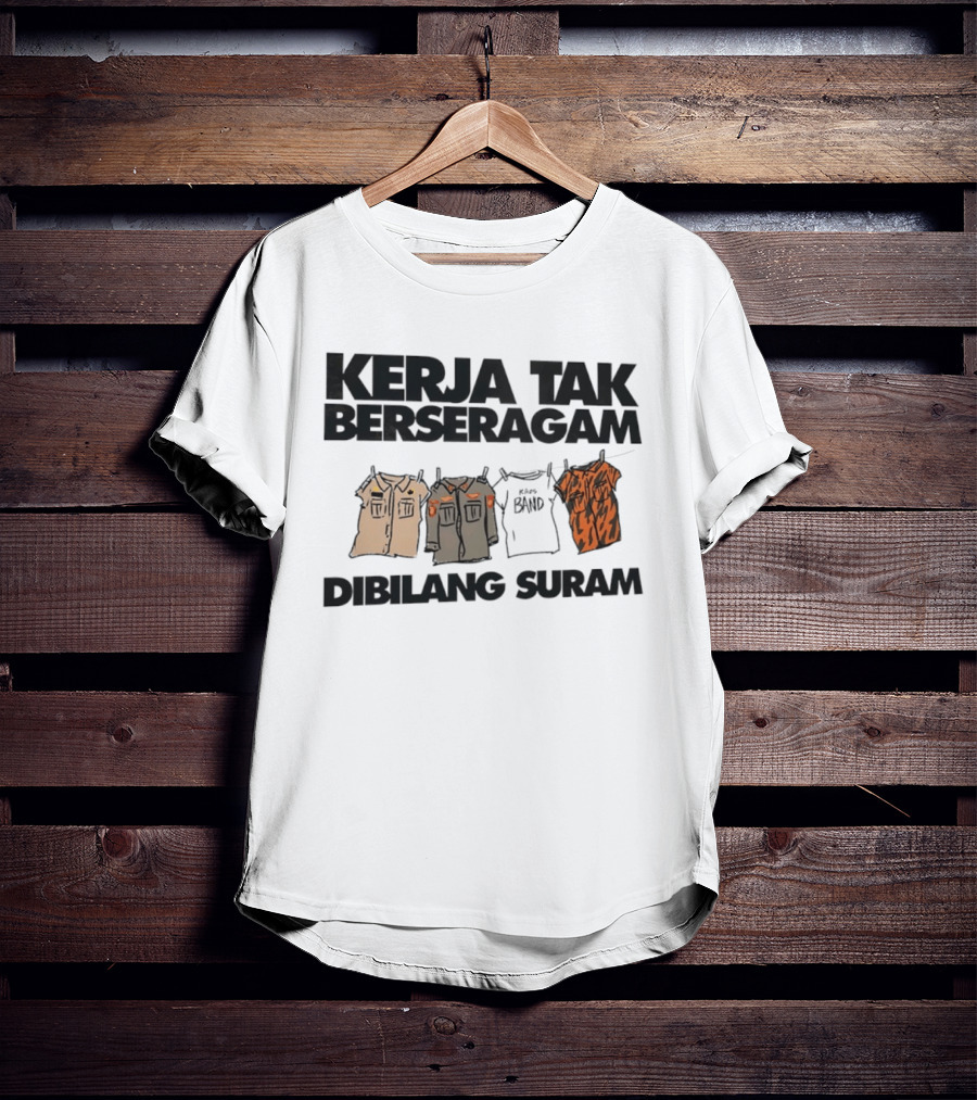 Kerja Tak Berseragam Dibilang Suram Kaos Band Dan Pakaian Kerja Di Jemuran T-Shirt