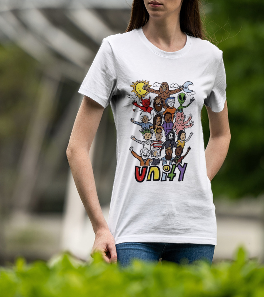 Unity Cartoon Characters Doodle Diverse Characters Aliens Bigfoot Devil Sun Moon T-Shirt