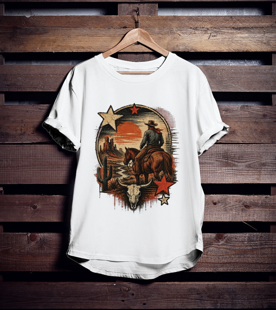 Cowboy On Horseback Under Desert Sunset With Cactus And Skull T-Shirt