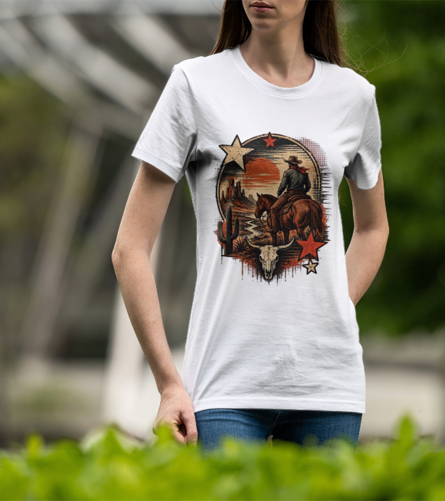 Cowboy On Horseback Under Desert Sunset With Cactus And Skull T-Shirt