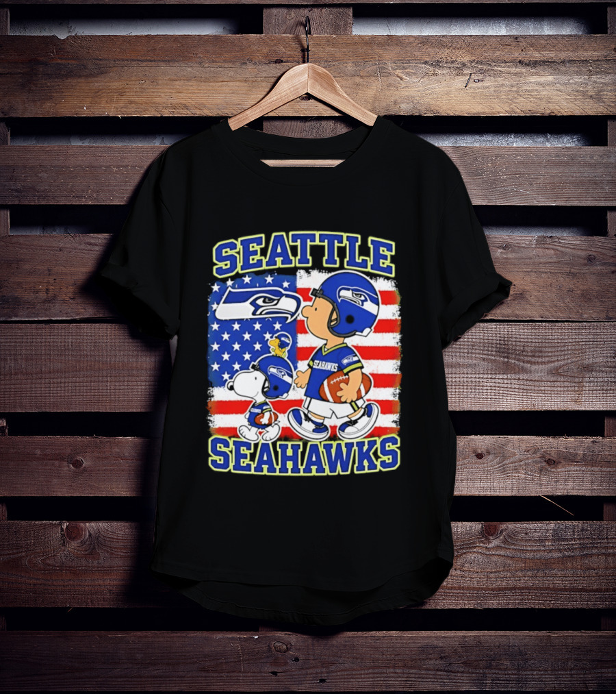 Snoopy Charlie Brown Seattle Seahawks American Flag Football T-Shirt