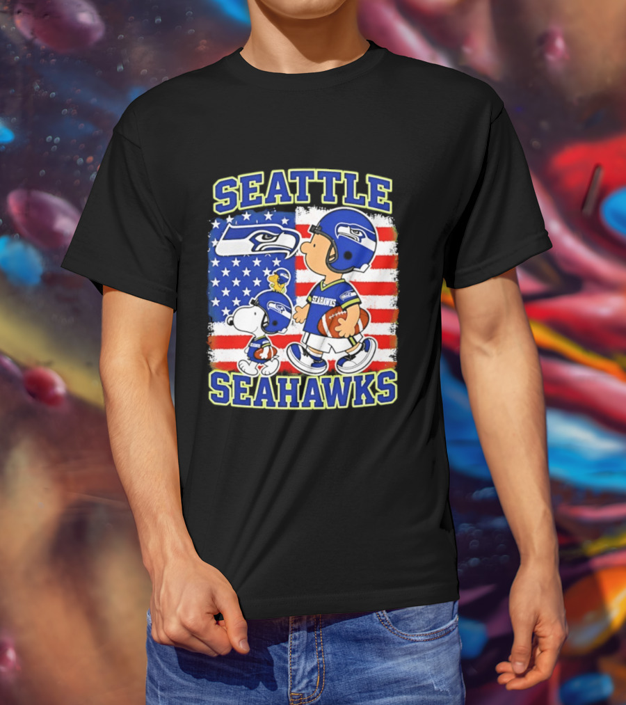 Snoopy Charlie Brown Seattle Seahawks American Flag Football T-Shirt
